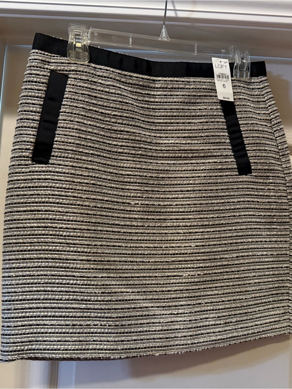 LOFT Black and White Striped Tweed Mini Skirt with Black Trim